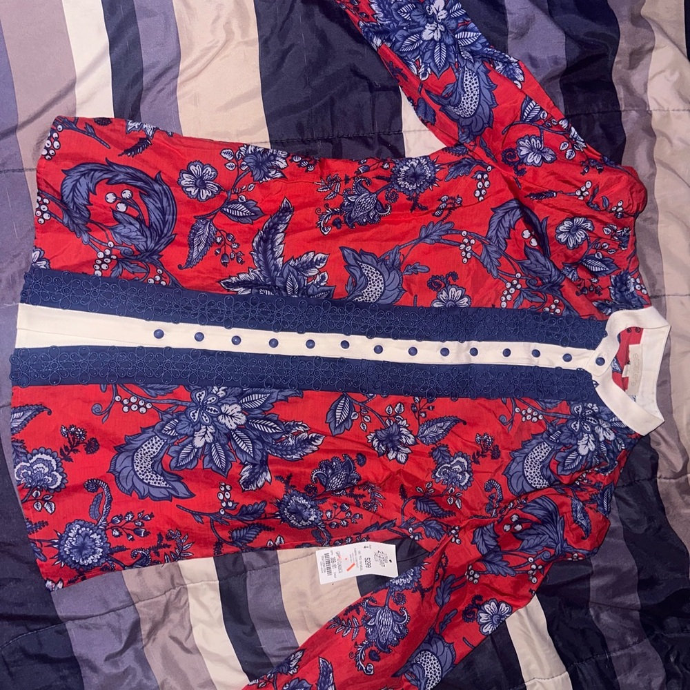 Etcetera Red Floral Button-Front Blouse with Blue Trim